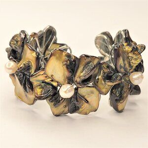 Olive Green Cuff Pearl Adjustable Cuff Bangle Bracelet- NEW